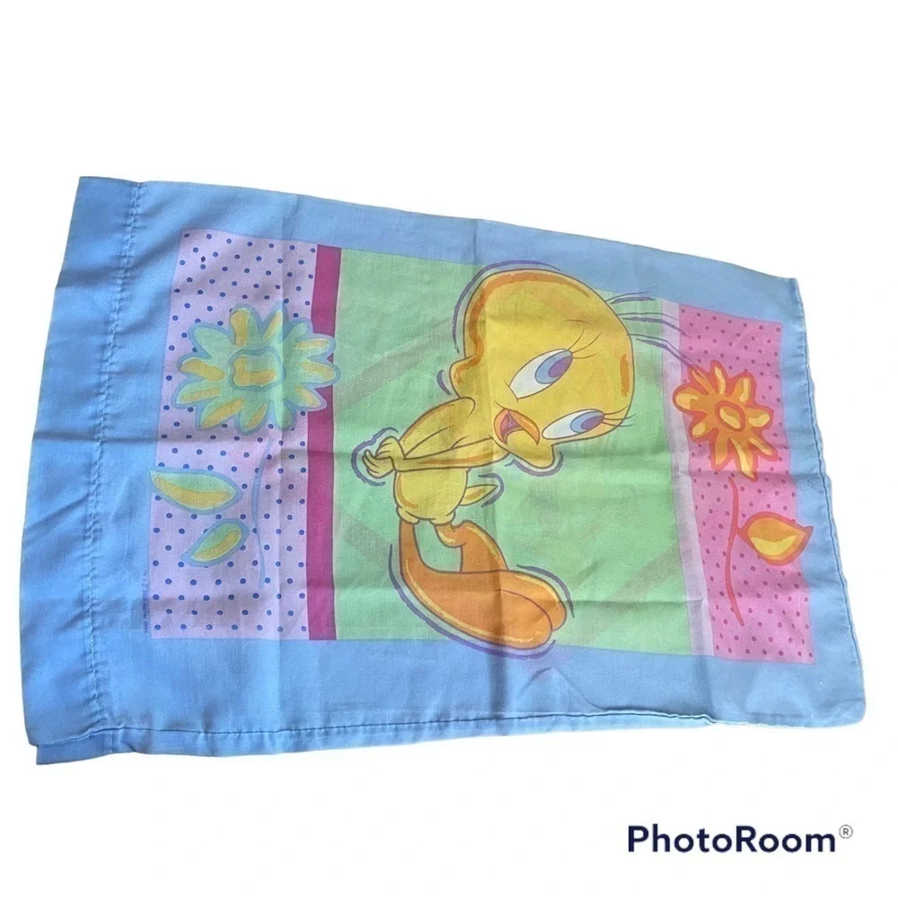 Vintage Tweety Bird Pillow Case Blue Warner Bros Blue Green Yellow
